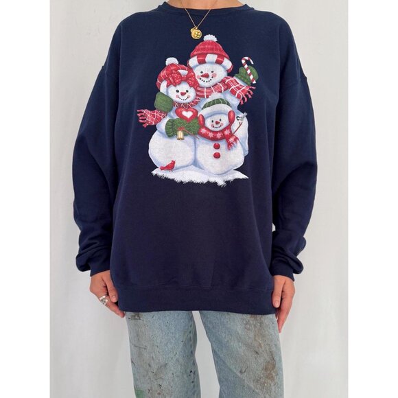 90s vintage blue holiday snowman winter graphic cozy cotton pullover sweatshirt - Picture 2 of 9